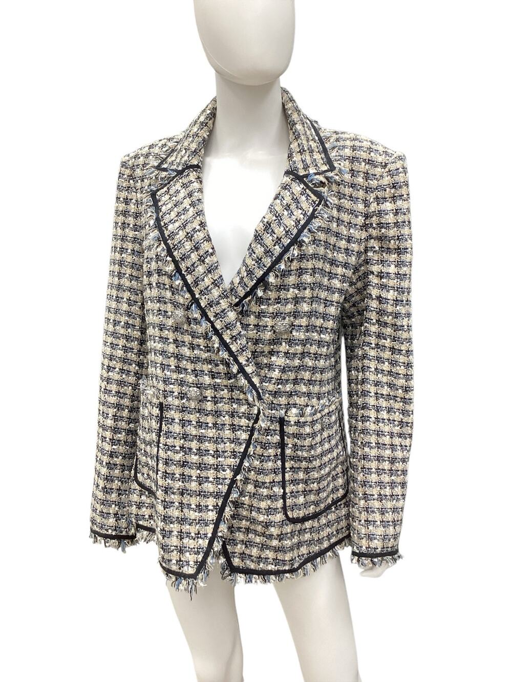Veronica Beard Blazer Women’s Size 16 Plaid Print Fringe & Raw End Beige &Blue